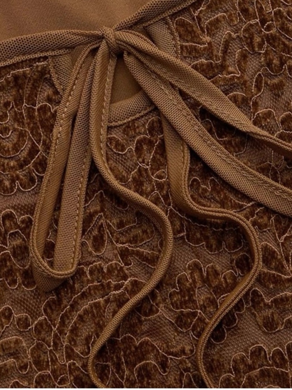 Cider Brown Lace-Textured Square-Neck Tie-Front Crop Top - Picture 4 of 5